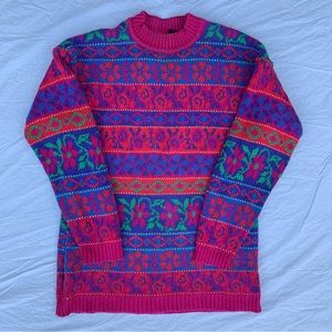 Vintage Chaus Sport Fair Isle Floral Bright Colorful Printed Sweater